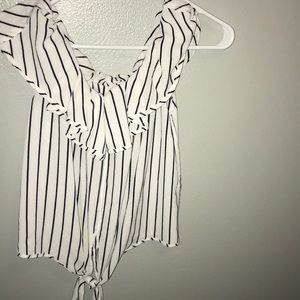 Off the should black and white striped shirt